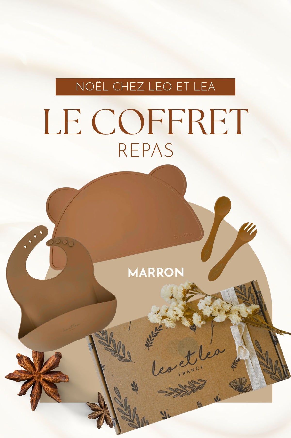 Coffret "Repas" , Couleur Marron, Set de table, Bavoir, Couverts, Cadeaux