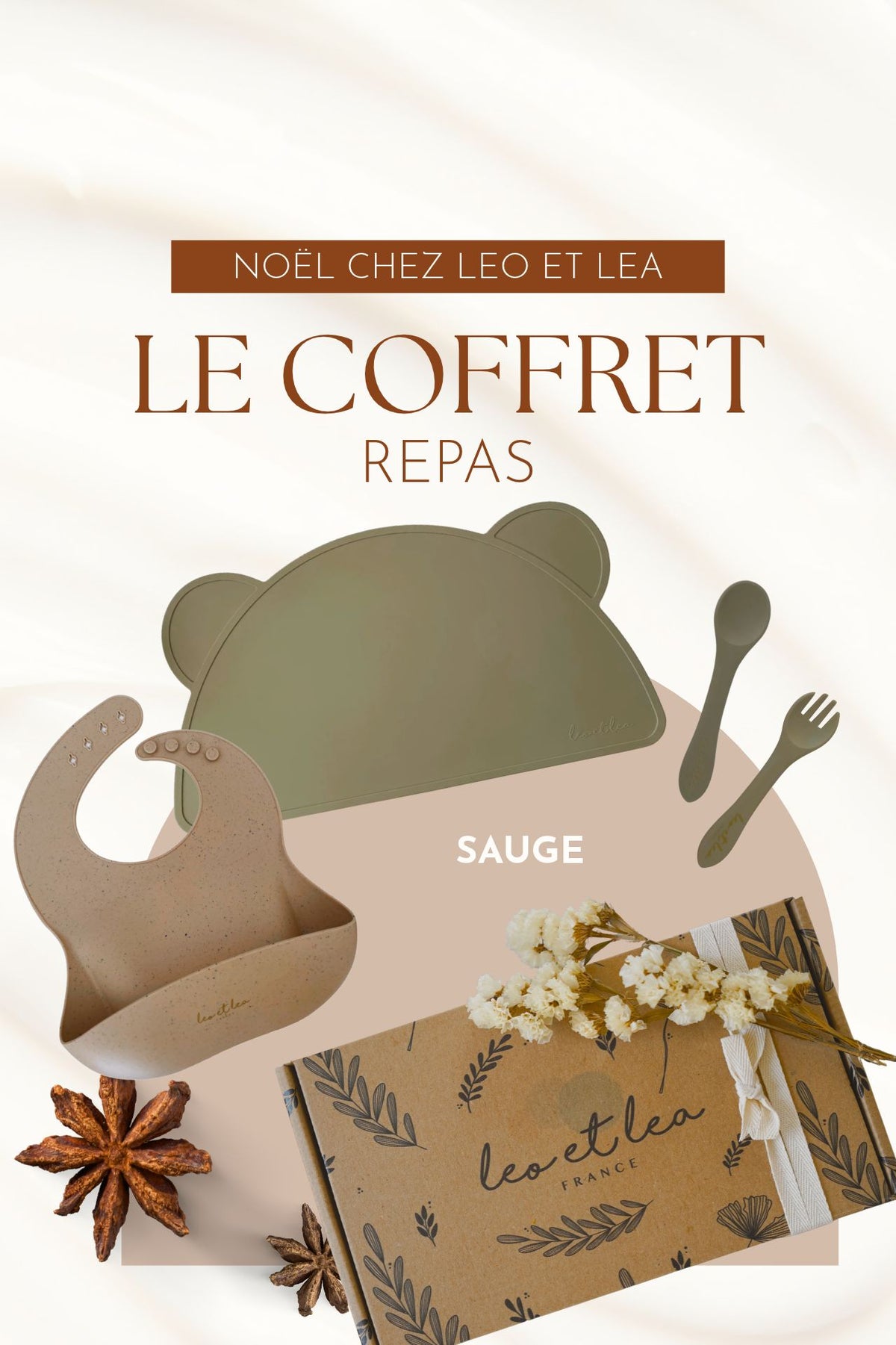 Coffret "Repas" , Couleur Sauge, Set de table, Bavoir, Couverts, Cadeaux