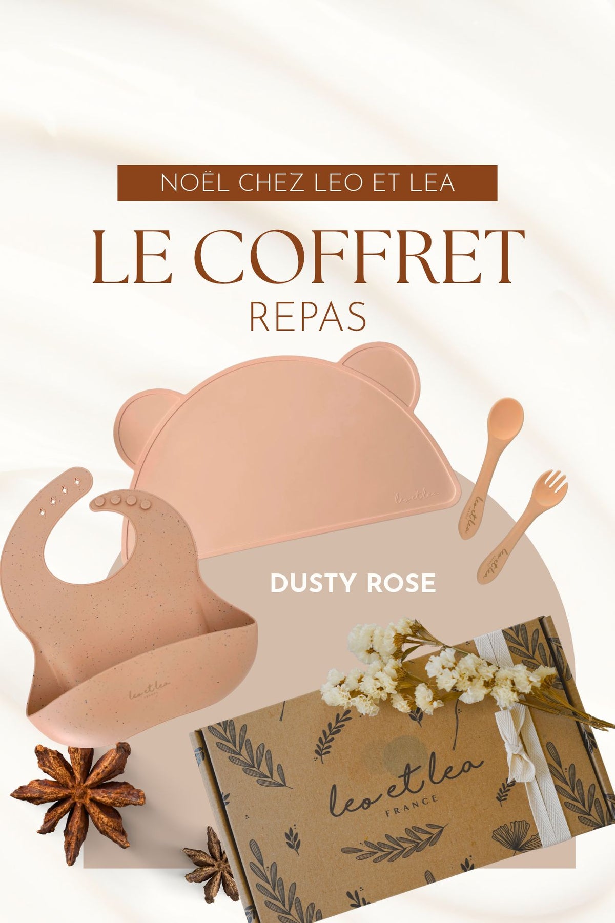 Coffret "Repas" , Couleur Rose, Set de table, Bavoir, Couverts, Cadeaux
